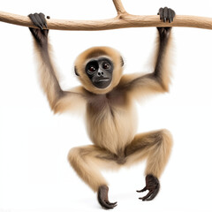 Fototapeta premium Cute Baby Gibbon Monkey Hanging From A Branch With Large Eyes On A White Background