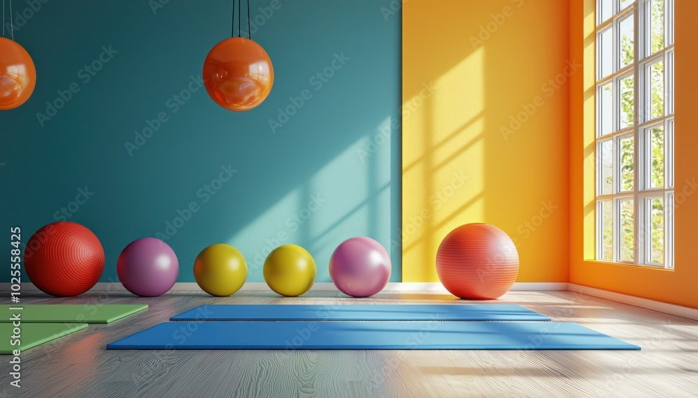 Poster create a 3d rendering of a fitness studio with yoga mats and exercise equipment.