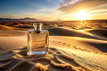 Desert landscape with chic perfume bottle, symbolizing timeless allure and elegance