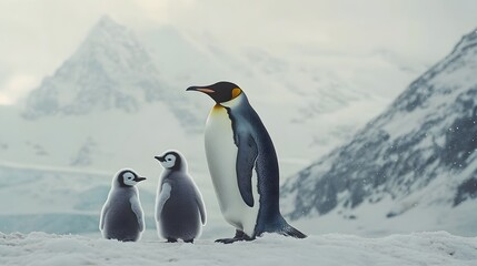 Fototapeta premium A family of emperor penguins stands on snowy terrain, with two chicks by the adult, set against a backdrop of icy mountains.
