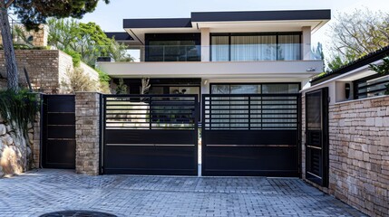 Modern House with Black Gate and Stone Wall
