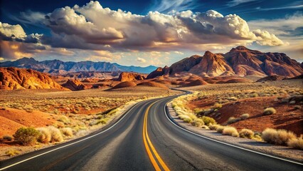 Desert landscape with empty winding road