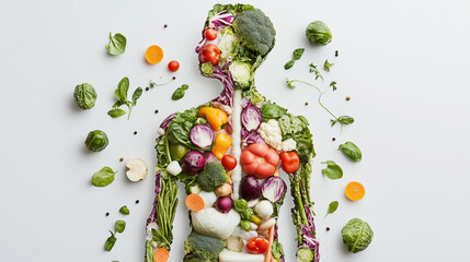 a human body made of the vegetables that are good for each organ on a white background 