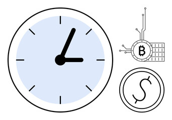 Clock showing approximately 200, Bitcoin symbol with circuitry, and Dollar symbol. Ideal for financial topics, cryptocurrency, trading concepts, investment discussions, and time management. Clean