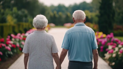 Obraz premium Joyful Elderly Couple Strolling Amid Blooming Garden at Nursing Home
