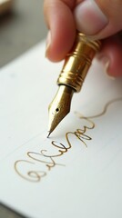 Golden fountain pen writing a signature on white paper