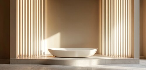 Neutral setting featuring an elegant, curved 3D display mock-up with soft lighting.