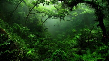 Dense Rainforest Canopy with Mist and Lush Greenery