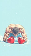 A man in a red boxing glove is laying on the ground