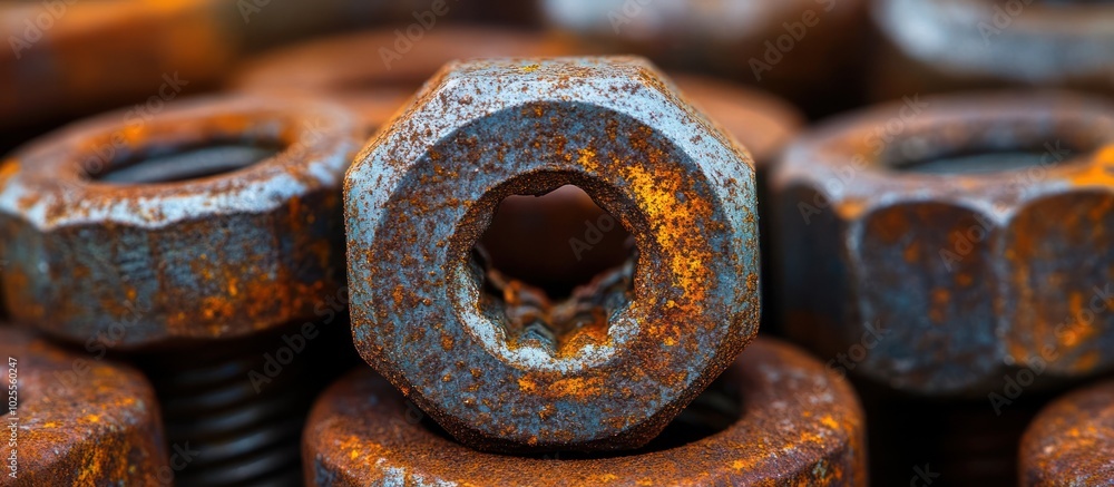 Poster close-up of a pile of rusty nuts with one in the center in focus.