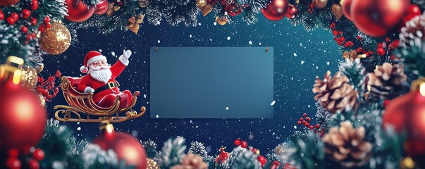 Holiday event announcement mockup with blank poster and Santa Claus garland, high-res.