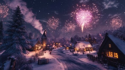 Snowy winter landscape with a peaceful village celebrating the arrival of 2025. The night sky is filled with fireworks, and the houses are warmly lit, with smoke rising from chimneys.