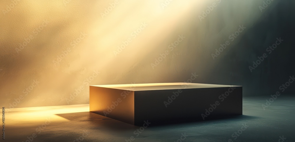 Poster polished, angular 3d pedestal with an abstract design, highlighted in soft light.