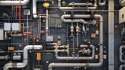 Complex Network of Industrial Pipes, Valves, and Gauges on a Black Wall