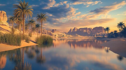 Obraz premium A peaceful desert oasis at dawn, with the calm water reflecting the early morning sky as the sun begins to rise