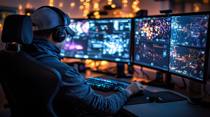focused gamer immersed in vibrant gaming environment, surrounded by multiple screens displaying colorful graphics and data. atmosphere is enhanced by soft lighting, creating engaging and dynamic