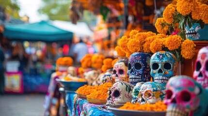 day of the dead market scene, with stalls selling colorful sugar skulls, marigold garlands, and traditional mexican foods. the atmosphere is festive and joyful, with families and honor their departed 