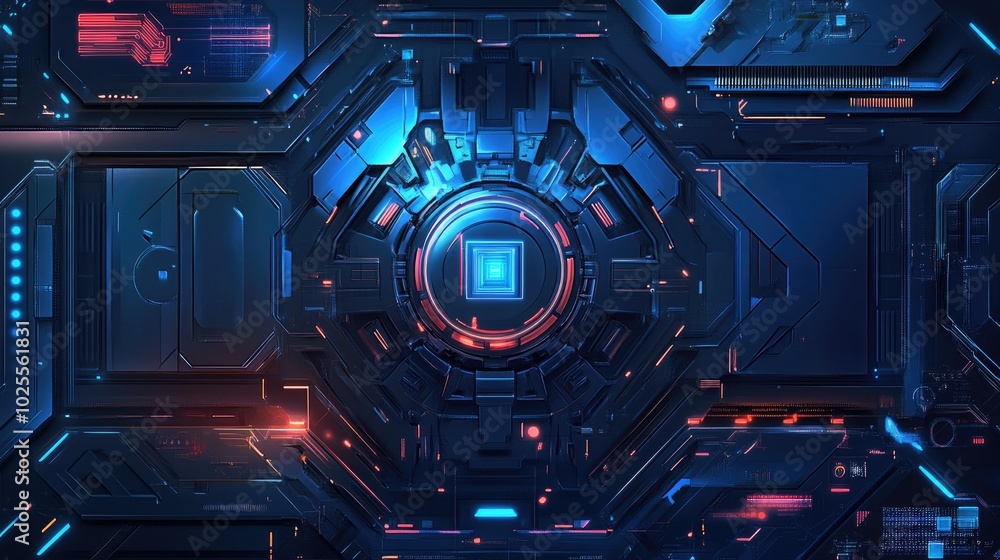 Poster an abstract futuristic background with metallic shapes and circuits, giving a tech-inspired, high-te