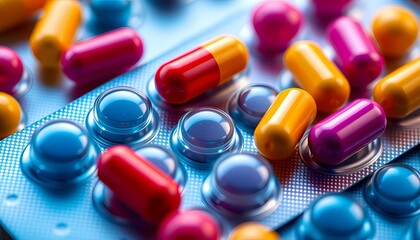 Colorful pills and capsules on blister packs. Conceptual photo about health, medication, pharmacy, and medical treatment.