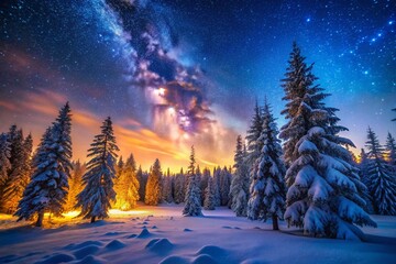 Enchanting Winter Night in a Tranquil Forest Under a Starry Sky with Snow-Covered Trees and a Serene Atmosphere