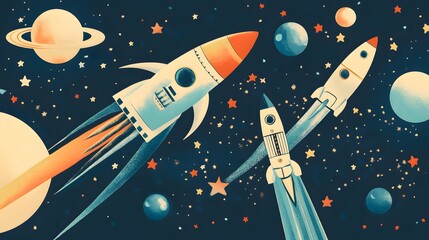 Two Rockets Flying Through a Starry Night Sky