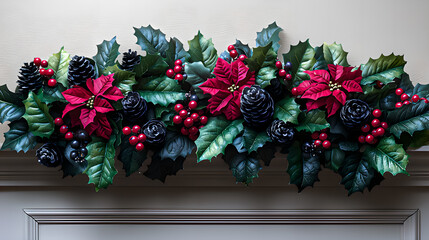 Fototapeta premium Classic Red and Green Christmas Scene with Holly Leaves, Berries, and Elegant Ribbon Decorations for a Timeless Holiday Look