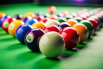 Engaging Billiard Concept with Colorful Pool Balls on a Green Felt Table for Game Enthusiasts and Interior Decor