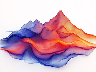  a mountain range with a river flowing through it, painted in shades of orange, blue, and purple.