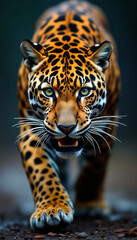 Obraz premium Powerful jaguar walking and showing teeth and claws