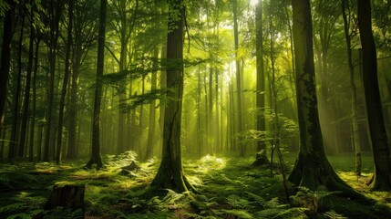 Obraz premium Sunbeams Illuminating a Mystical Forest