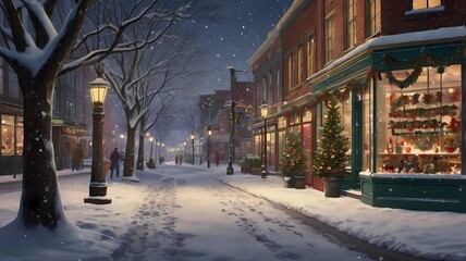 Obraz premium winter street scene showing shops with Christmas decorations. generative ai