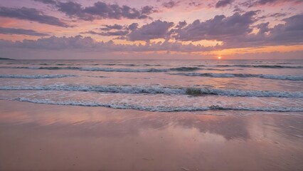 Pastel Sunset Reflections: Soft Waves Gently Rolling onto the Beach as the Sky Paints a Beautiful Array of Pink and Purple Hues