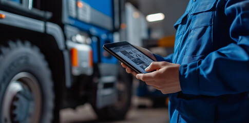 A mechanic with a tablet computer diagnoses the diesel engine of an industrial truck in a garage. Car repair concept in auto repair industry