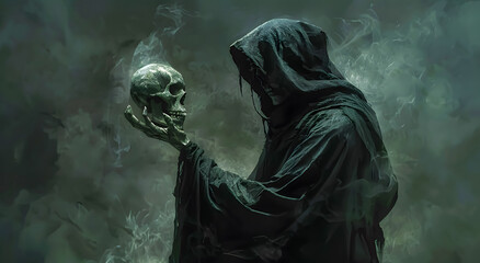 Obraz premium Hooded figure holds a skull in a dark, dead angels evoking mystery and dread. Dark cloak and eerie shadows create a chilling Halloween atmosphere, perfect for horror or fantasy themes