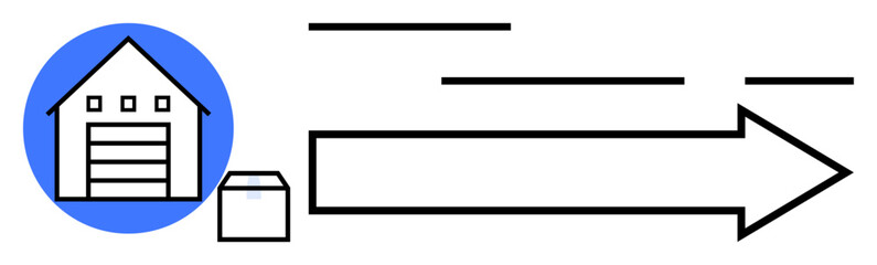 Simple warehouse with a front-facing open door next to a small delivery box. Large arrow points towards the right indicating shipping direction. Ideal for logistics, delivery services, shipping