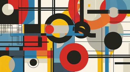 Obraz premium Abstract Geometric Composition with Circles, Squares, and Lines in Red, Yellow, Blue, and Black