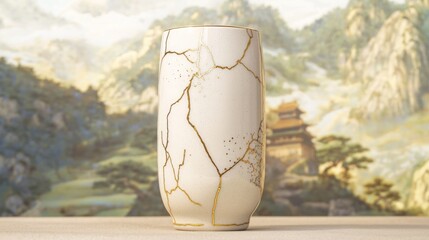Elegant Kintsugi-Inspired Stylish Travel Mug with Gold Accents Against Scenic Backdrop