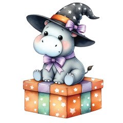 Fototapeta premium Cute hippopotamus with Christmas clipart watercolor