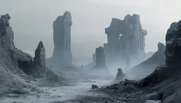 A desolate landscape with towering rock formations and ruins in the distance, shrouded in mist.