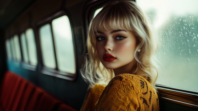 A beautiful blonde woman model with bangs and red lipstick sits in a vintage train