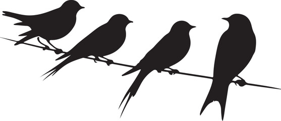 Birds sitting on a wire silhouette vector art illustration.