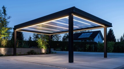 Fototapeta premium Modern Black Pergola with Illuminated Roof and Outdoor Patio