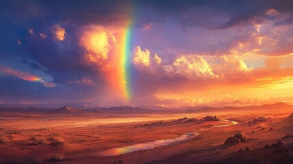 A rainbow forming over a desert landscape after a brief rain shower, with wet sand reflecting the vibrant colors of the sky