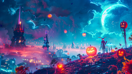 Spooky Halloween future cityscape under a bright full moon. Glowing pumpkins, haunted houses, and bats fill the night with an eerie, magical vibe