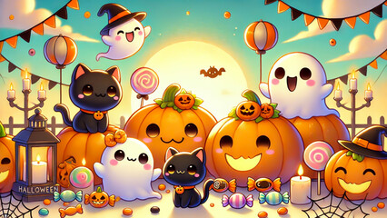 可愛らしいハロウィンのキャラクターたち/Adorable Halloween Characters generative AI © Mārico Studio