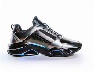 Sleek, futuristic sneaker design. Metallic silver accents, black mesh, and illuminated sole. Modern athletic footwear.