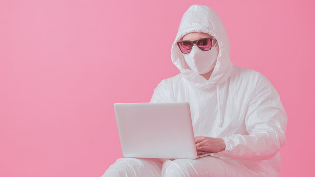 White hacker in protective suit using laptop on a pink background.