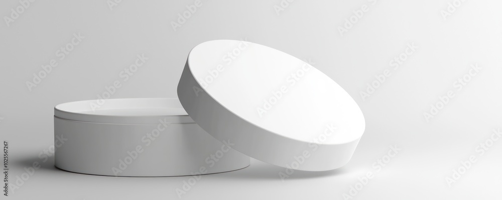 Poster design a 3d white round box with a lid, isolated for clean and simple product displays.
