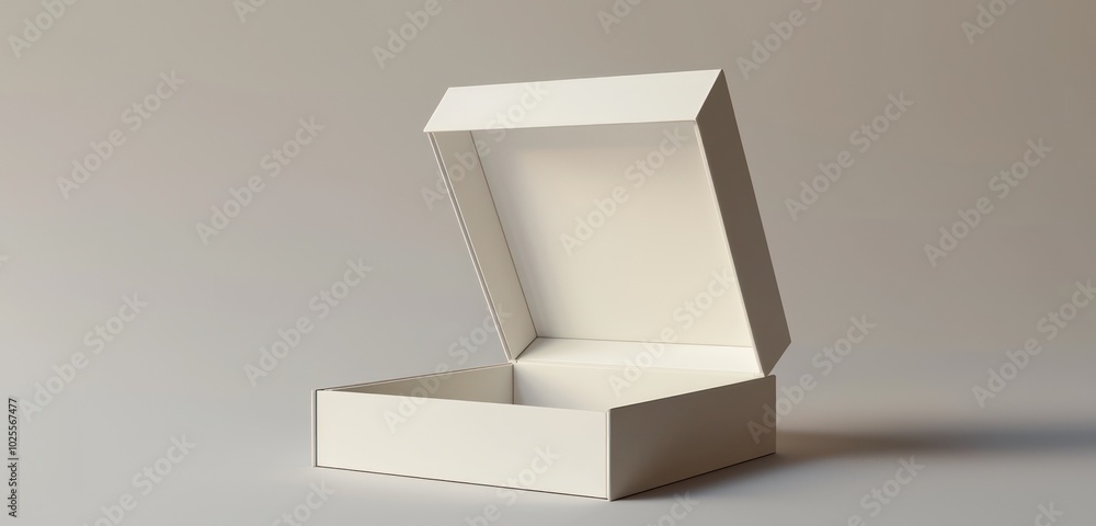 Poster create a 3d rendering of a white display box with a front that flips down, standing.