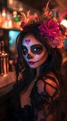 A woman with Day of the Dead makeup and a floral crown looks at the camera in a dimly lit bar.